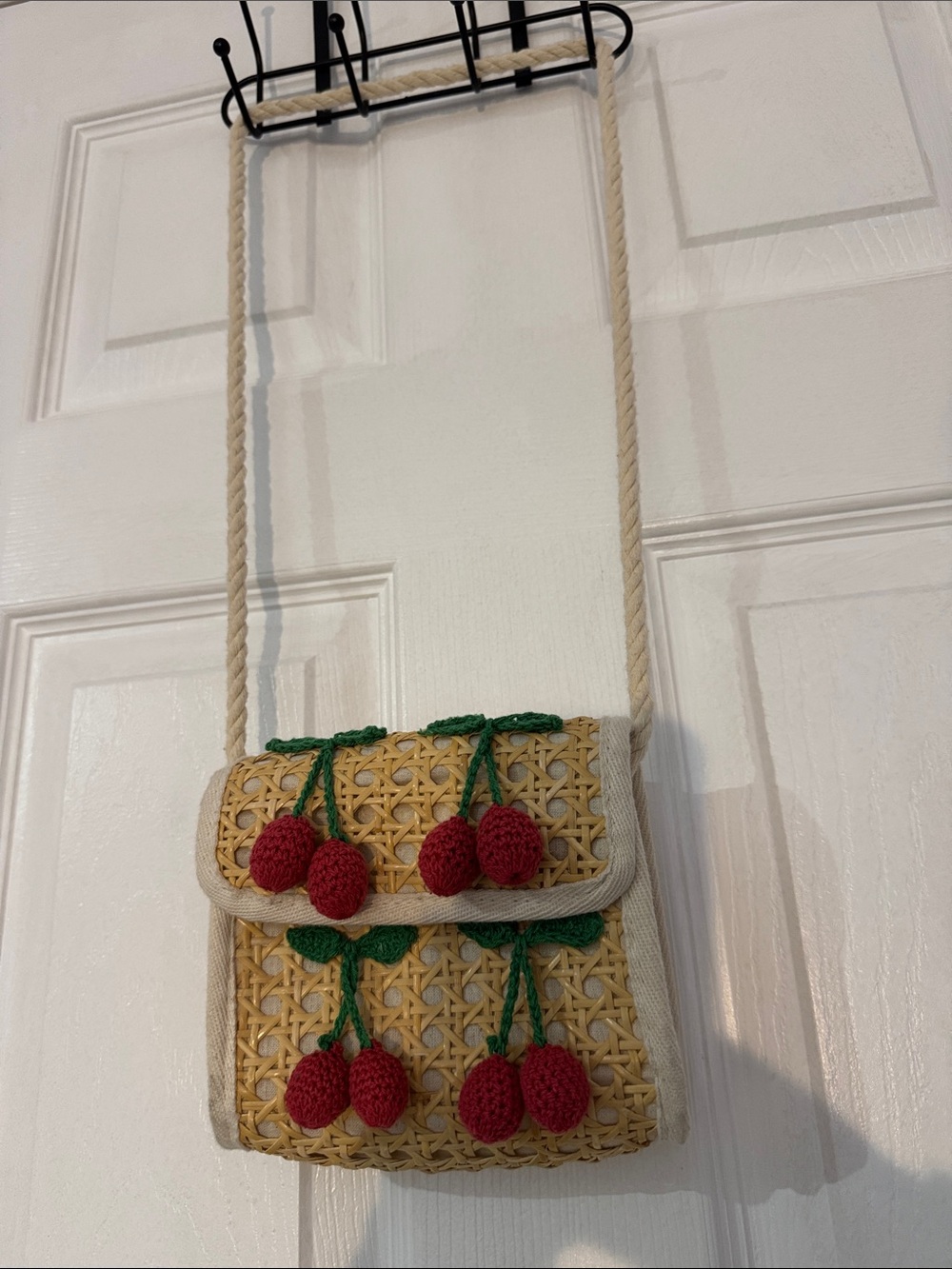 ZARA-Straw + Yarn Cherry Crossbody Bag - Red & Green Detail On Crochet Straw Bag